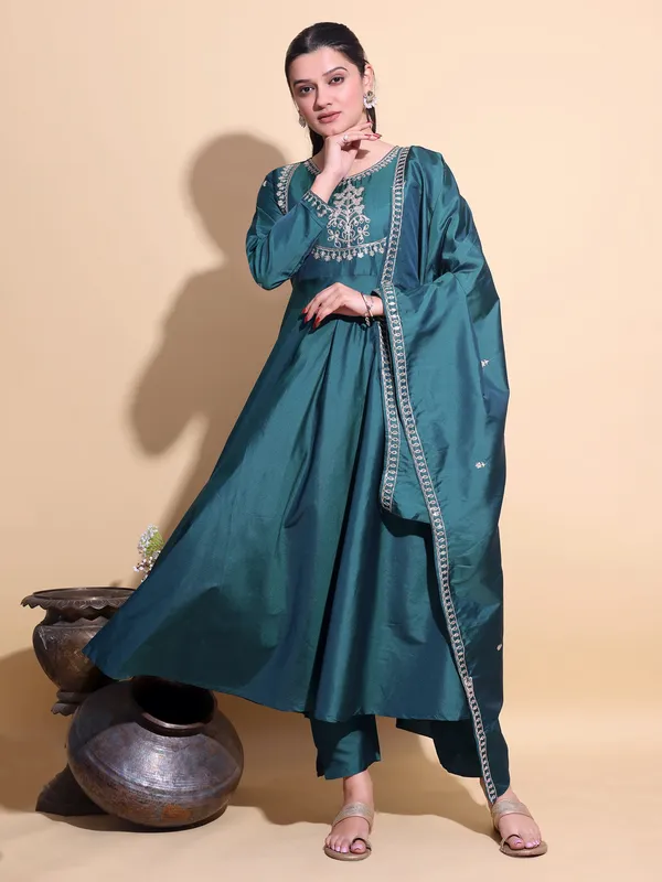 GREEN_Art_Silk_Embroidered_Anarkali_Pant_Dupatta_Set_For_Women