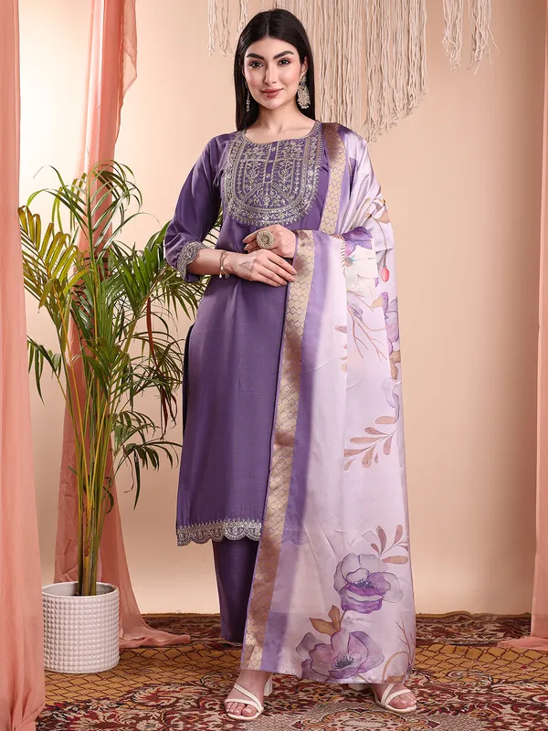 LAVENDAR_Art_Silk_Embroidered_Kurti__Pant_Dupatta_Set_For_Women