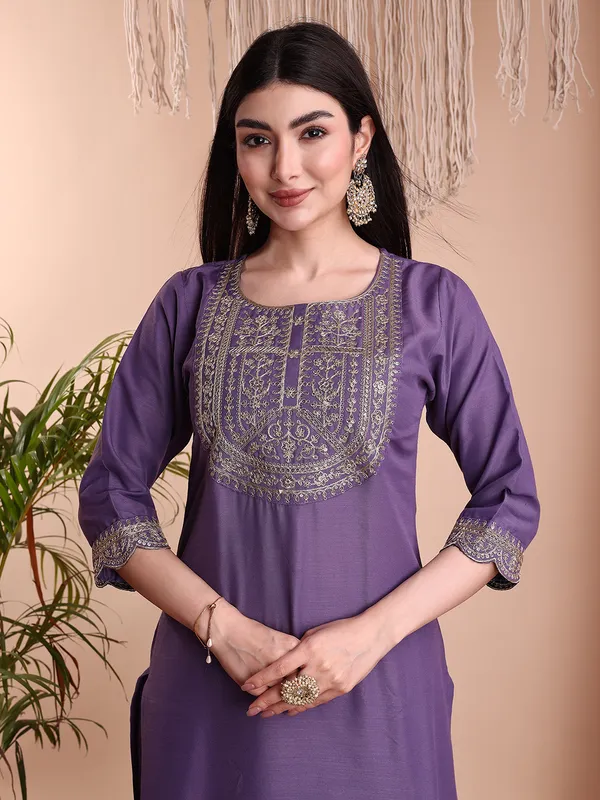 LAVENDAR_Art_Silk_Embroidered_Kurti__Pant_Dupatta_Set_For_Women