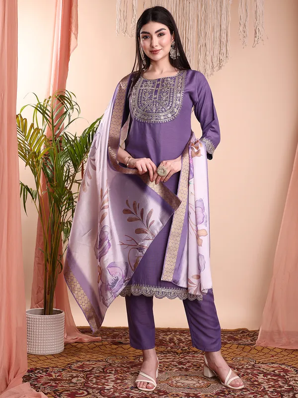 LAVENDAR_Art_Silk_Embroidered_Kurti__Pant_Dupatta_Set_For_Women