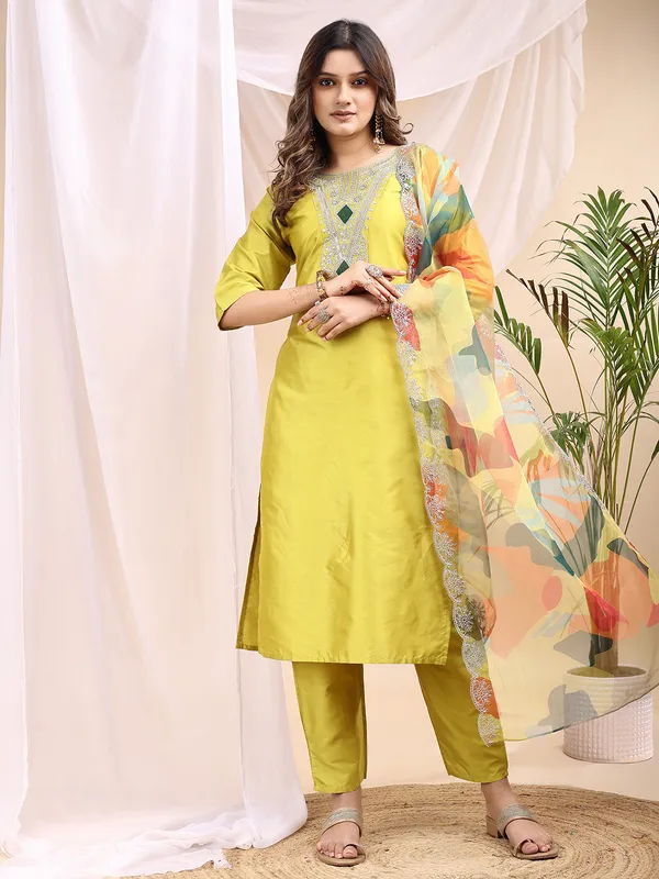 Lemon_Art_Silk_Embroidered_Kurti_Pant_Dupatta_Set_For_Women