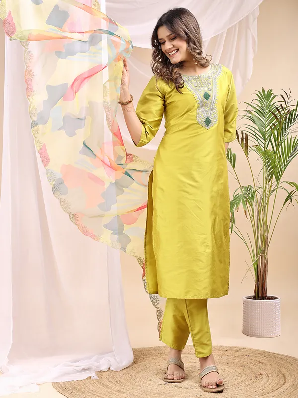 Lemon_Art_Silk_Embroidered_Kurti_Pant_Dupatta_Set_For_Women