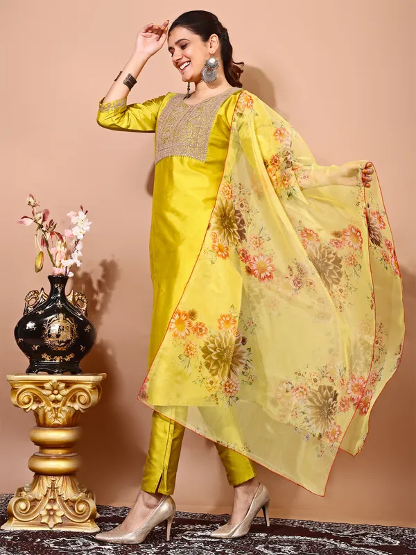 Lemon_Art_Silk_Embroidered_Kurti_Pant_Dupatta_Set_For_Women