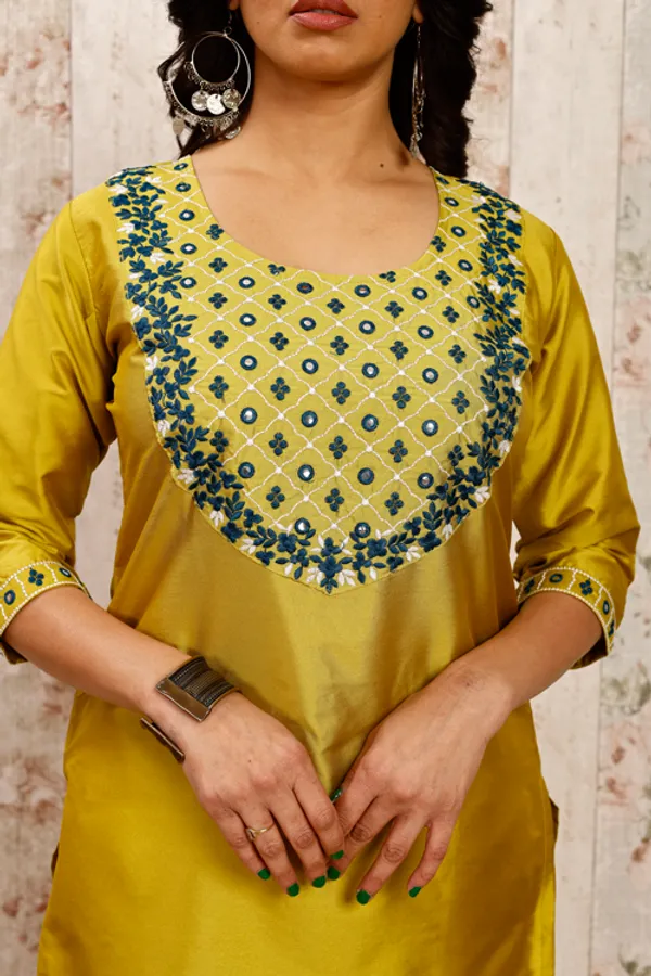 Lemon_Art_Silk_Embroidered_Kurti__Pant_Dupatta_Set_For_Women
