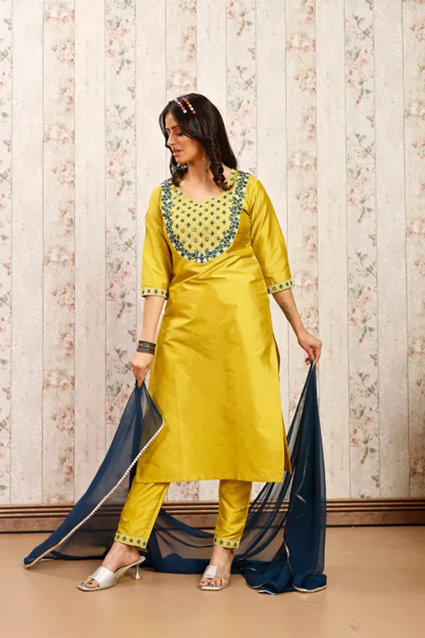 Lemon_Art_Silk_Embroidered_Kurti__Pant_Dupatta_Set_For_Women
