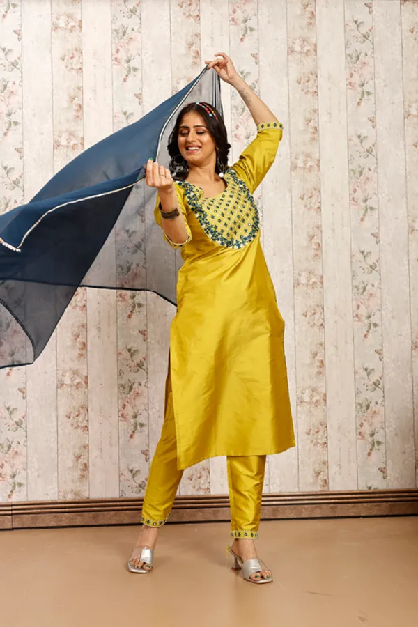 Lemon_Art_Silk_Embroidered_Kurti__Pant_Dupatta_Set_For_Women