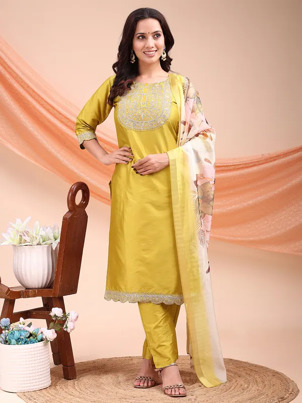 Lemon_Cotton_Rayon_Embroidered_Kurti__Pant_Dupatta_Set_For_Women