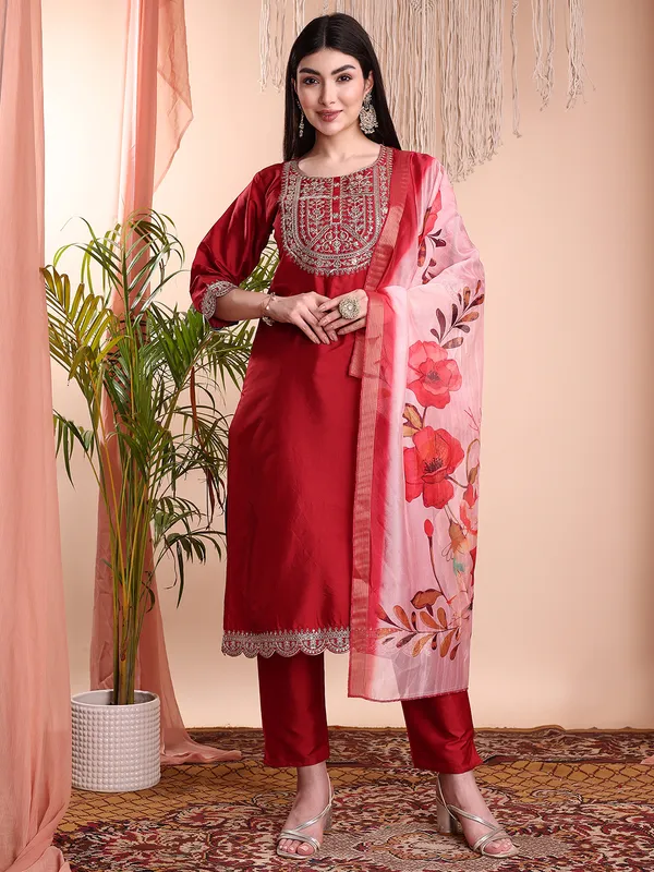 MAROON_Art_Silk_Embroidered_Kurti__Pant_Dupatta_Set_For_Women