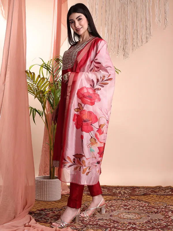 MAROON_Art_Silk_Embroidered_Kurti__Pant_Dupatta_Set_For_Women