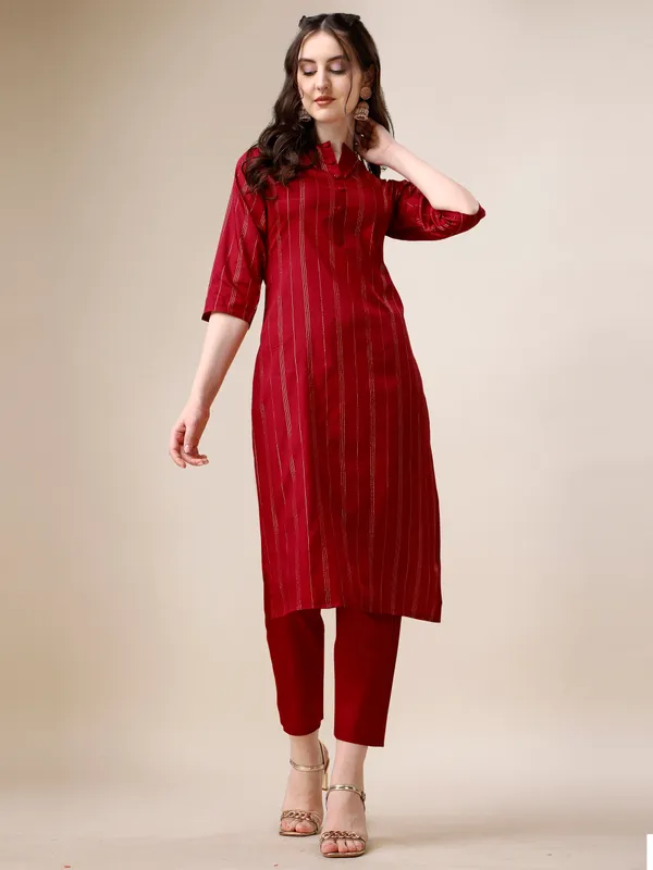 MAROON_Elegant_Pinstripe_Kurta_Set_with_Straight_Pants