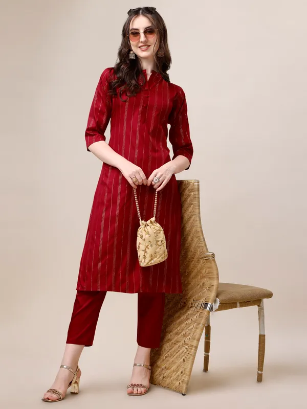 MAROON_Elegant_Pinstripe_Kurta_Set_with_Straight_Pants