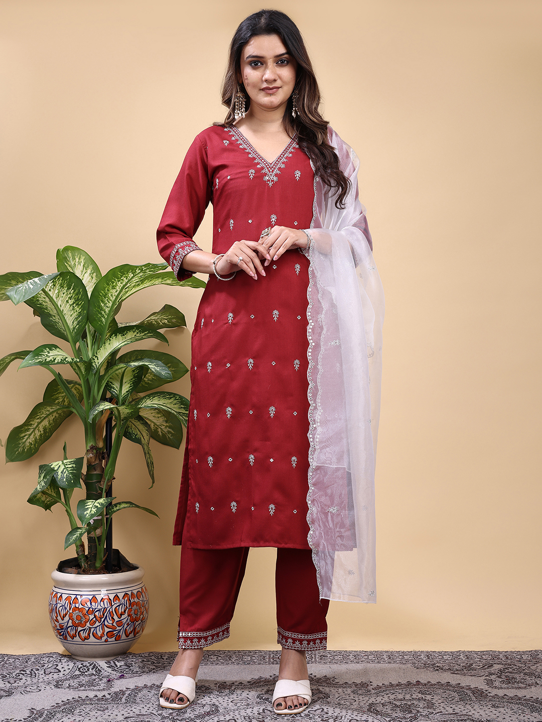 MAROON_Trendy_Straight_Kurta_Pant_Set_with_Designer_Dupatta
