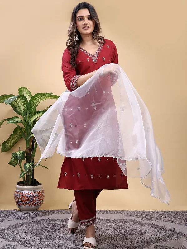 MAROON_Trendy_Straight_Kurta_Pant_Set_with_Designer_Dupatta