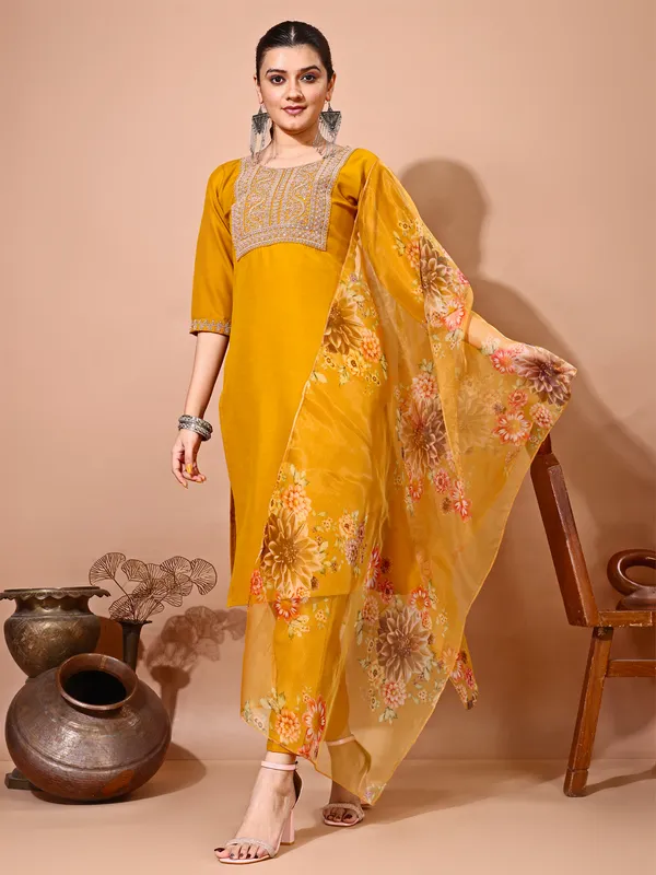 Mustard_Art_Silk_Embroidered_Kurti_Pant_Dupatta_Set_For_Women
