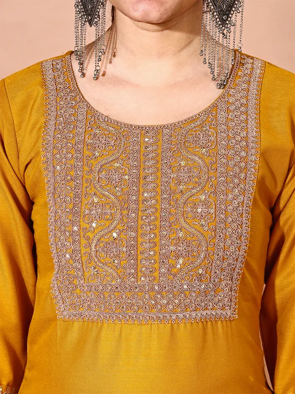 Mustard_Art_Silk_Embroidered_Kurti_Pant_Dupatta_Set_For_Women