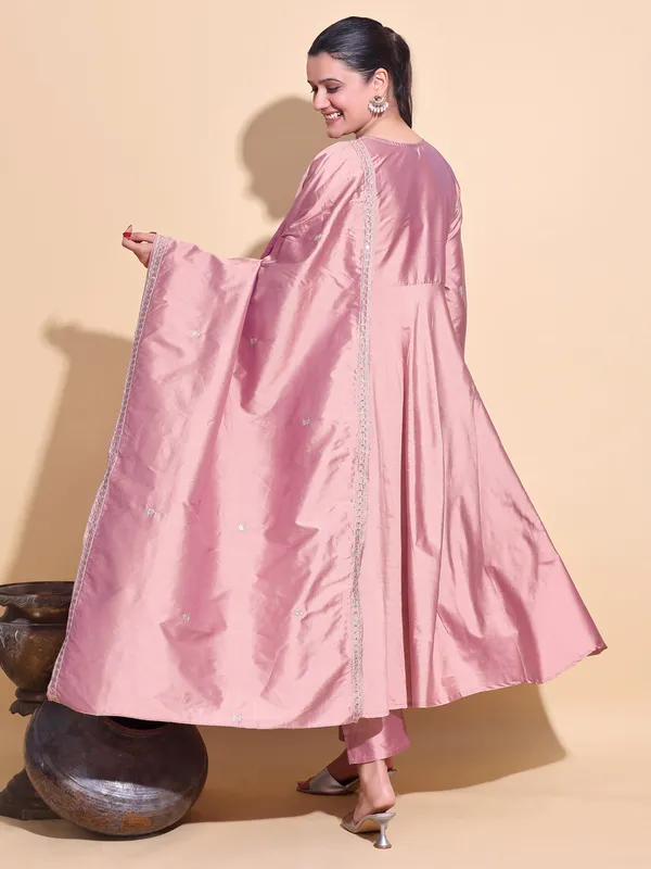 PEACH_Art_Silk_Embroidered_Anarkali_Pant_Dupatta_Set_For_Women
