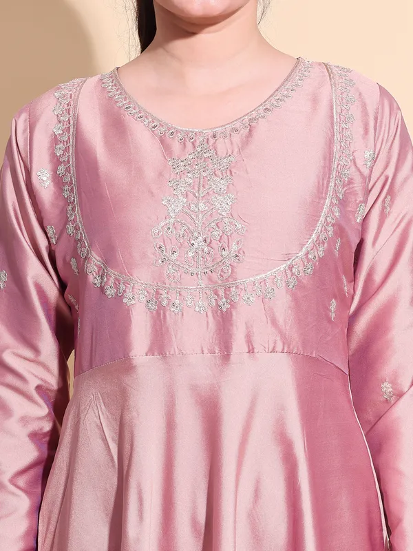PEACH_Art_Silk_Embroidered_Anarkali_Pant_Dupatta_Set_For_Women