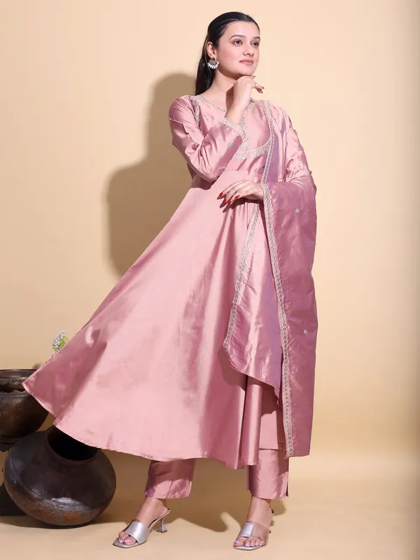 PEACH_Art_Silk_Embroidered_Anarkali_Pant_Dupatta_Set_For_Women