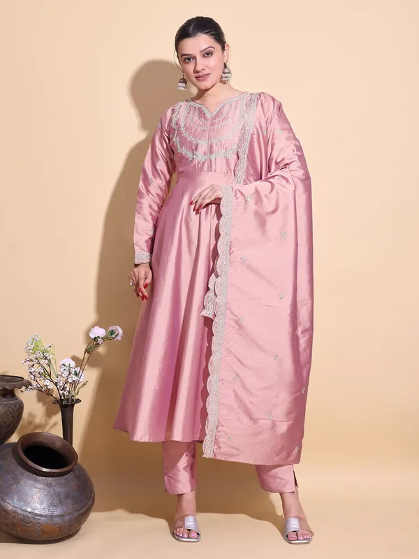 PEACH_Art_Silk_Embroidered_Anarkali_Pant_Dupatta_Set_For_Women