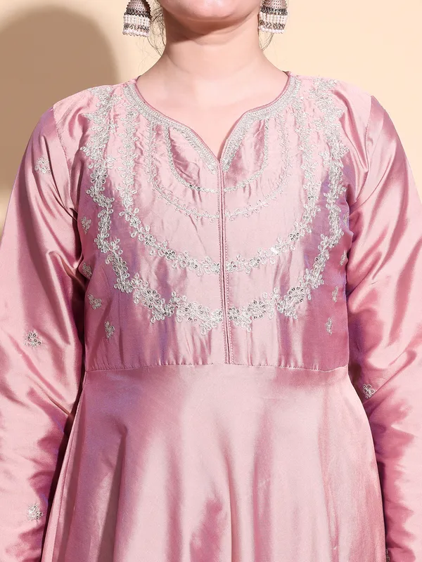 PEACH_Art_Silk_Embroidered_Anarkali_Pant_Dupatta_Set_For_Women
