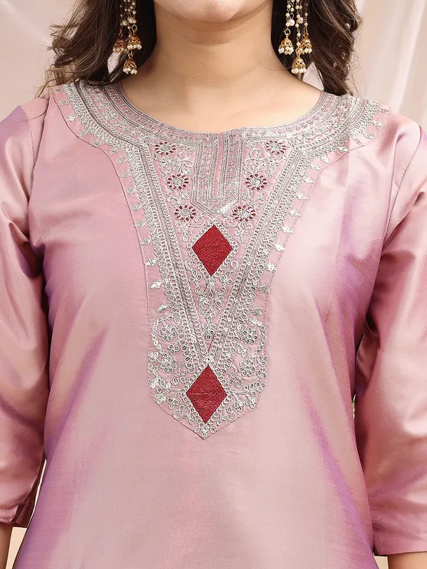 Peach_Art_Silk_Embroidered_Kurti_Pant_Dupatta_Set_For_Women