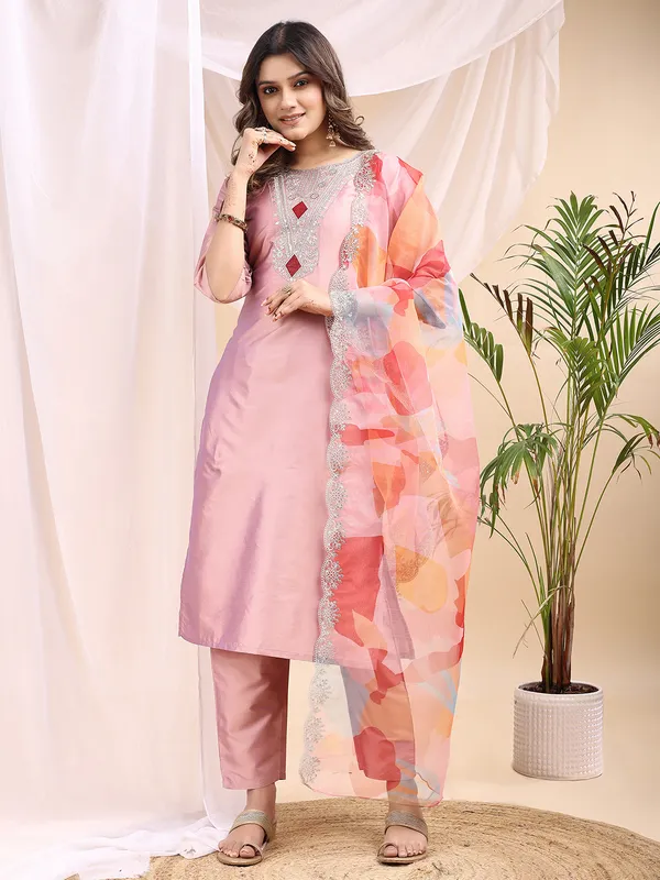 Peach_Art_Silk_Embroidered_Kurti_Pant_Dupatta_Set_For_Women
