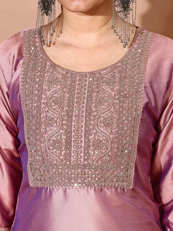 Peach_Art_Silk_Embroidered_Kurti_Pant_Dupatta_Set_For_Women