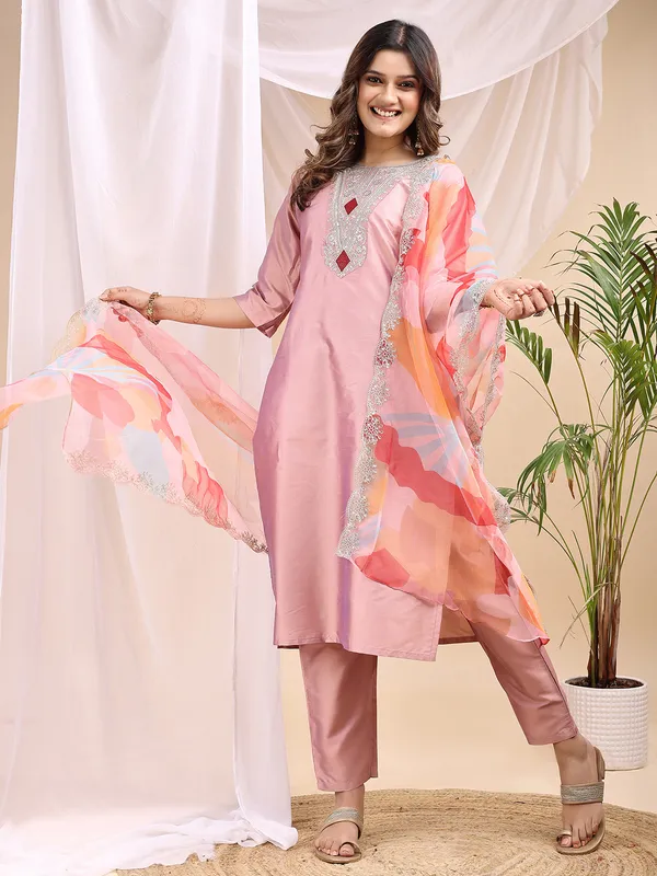 Peach_Art_Silk_Embroidered_Kurti_Pant_Dupatta_Set_For_Women