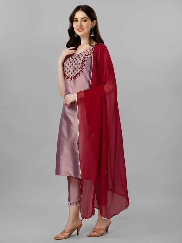 Peach_Art_Silk_Embroidered_Kurti__Pant_Dupatta_Set_For_Women