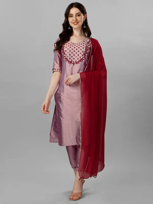 Peach_Art_Silk_Embroidered_Kurti__Pant_Dupatta_Set_For_Women