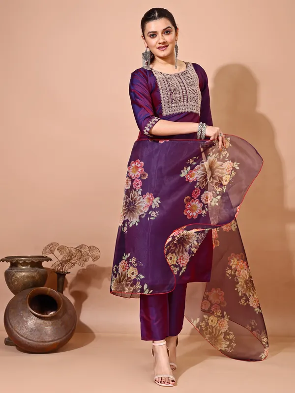 WINE_Art_Silk_Embroidered_Kurti_Pant_Dupatta_Set_For_Women