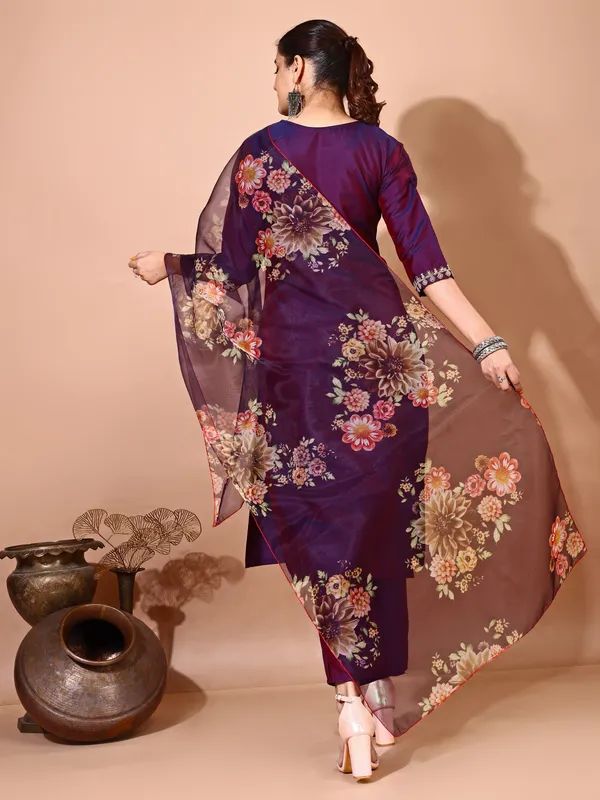 WINE_Art_Silk_Embroidered_Kurti_Pant_Dupatta_Set_For_Women
