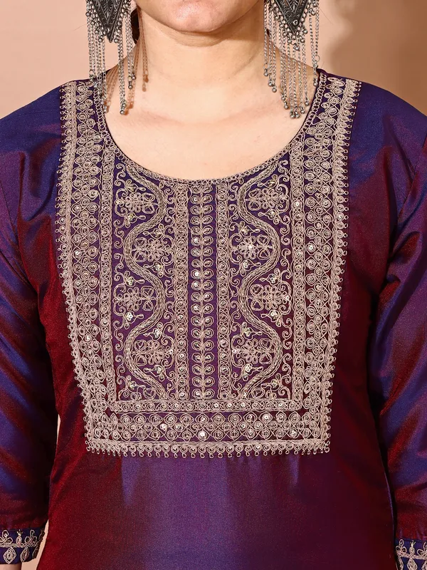WINE_Art_Silk_Embroidered_Kurti_Pant_Dupatta_Set_For_Women