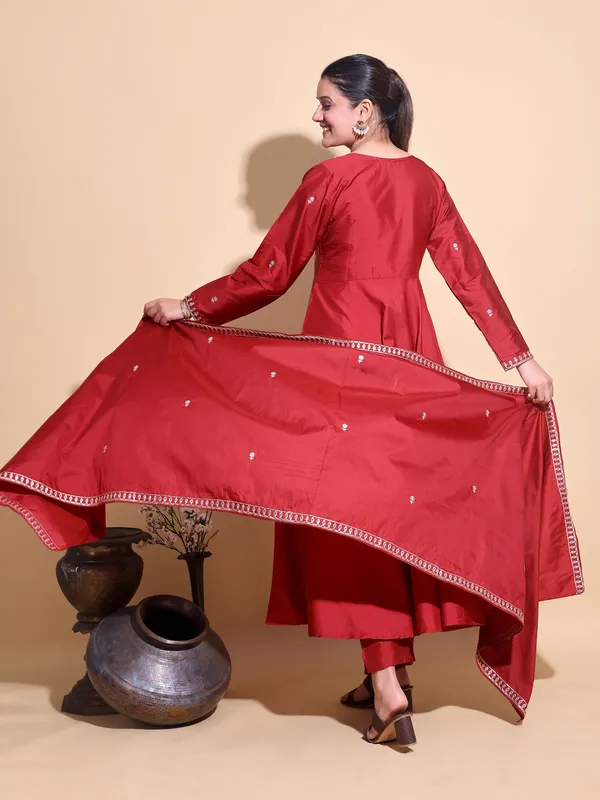 RED_Art_Silk_Embroidered_Anarkali_Pant_Dupatta_Set_For_Women