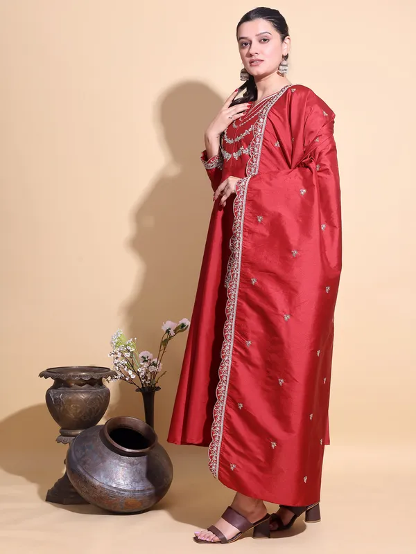 RED_Art_Silk_Embroidered_Anarkali_Pant_Dupatta_Set_For_Women