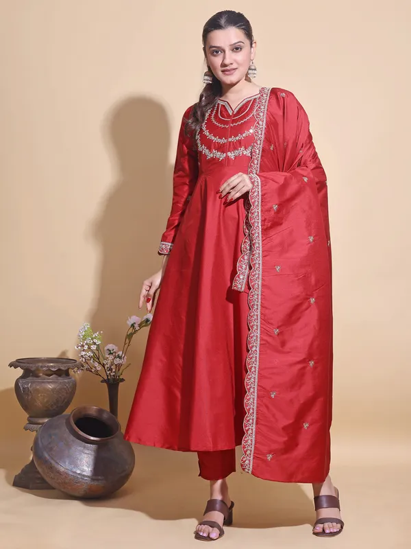 RED_Art_Silk_Embroidered_Anarkali_Pant_Dupatta_Set_For_Women
