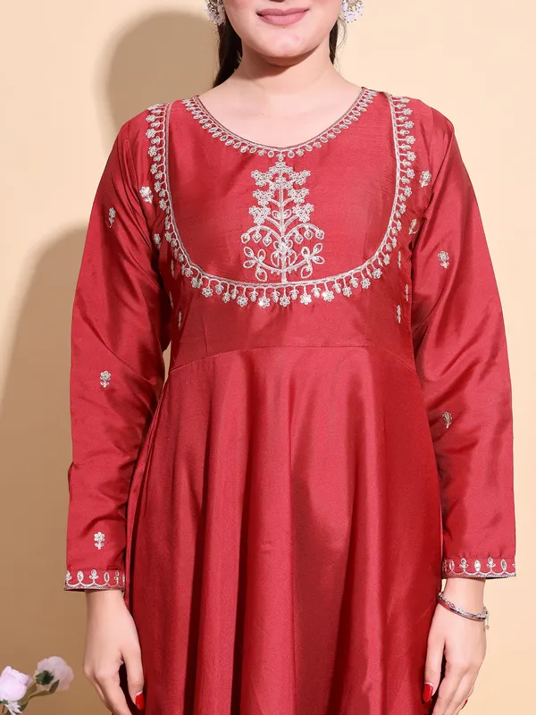 RED_Art_Silk_Embroidered_Anarkali_Pant_Dupatta_Set_For_Women