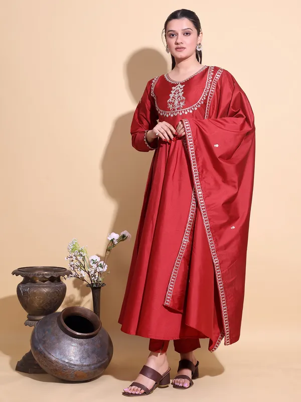 RED_Art_Silk_Embroidered_Anarkali_Pant_Dupatta_Set_For_Women