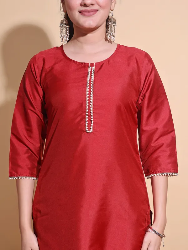 Red_Art_Silk_Solid_Kurti_Pant_Dupatta_Set_For_Women