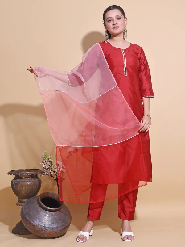 Red_Art_Silk_Solid_Kurti_Pant_Dupatta_Set_For_Women