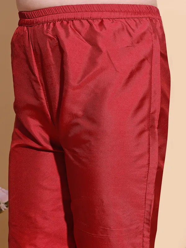 Red_Art_Silk_Solid_Kurti_Pant_Dupatta_Set_For_Women