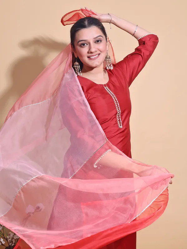 Red_Art_Silk_Solid_Kurti_Pant_Dupatta_Set_For_Women