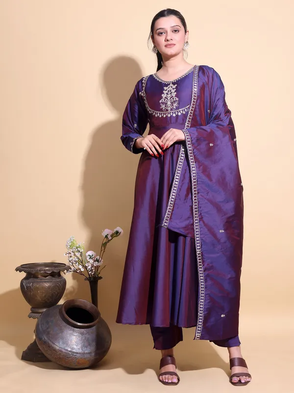 WINE_Art_Silk_Embroidered_Anarkali_Pant_Dupatta_Set_For_Women