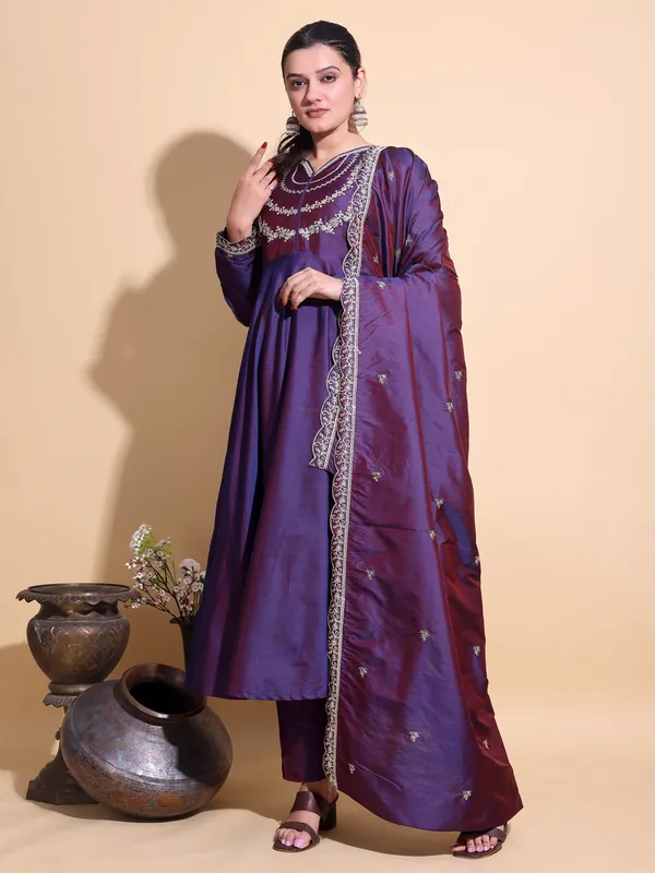 WINE_Art_Silk_Embroidered_Anarkali_Pant_Dupatta_Set_For_Women