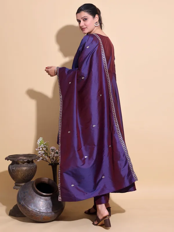 WINE_Art_Silk_Embroidered_Anarkali_Pant_Dupatta_Set_For_Women