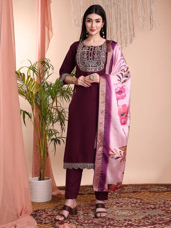 WINE_Art_Silk_Embroidered_Kurti__Pant_Dupatta_Set_For_Women