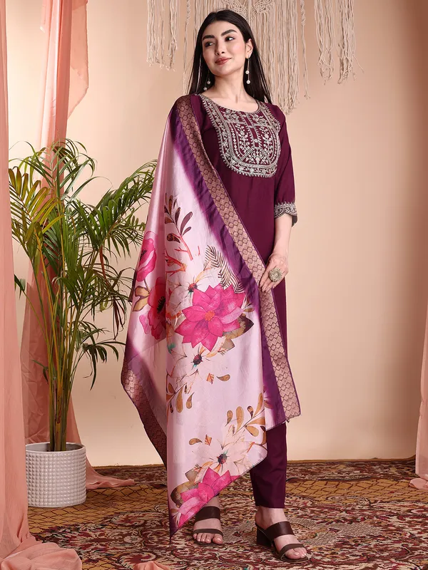 WINE_Art_Silk_Embroidered_Kurti__Pant_Dupatta_Set_For_Women