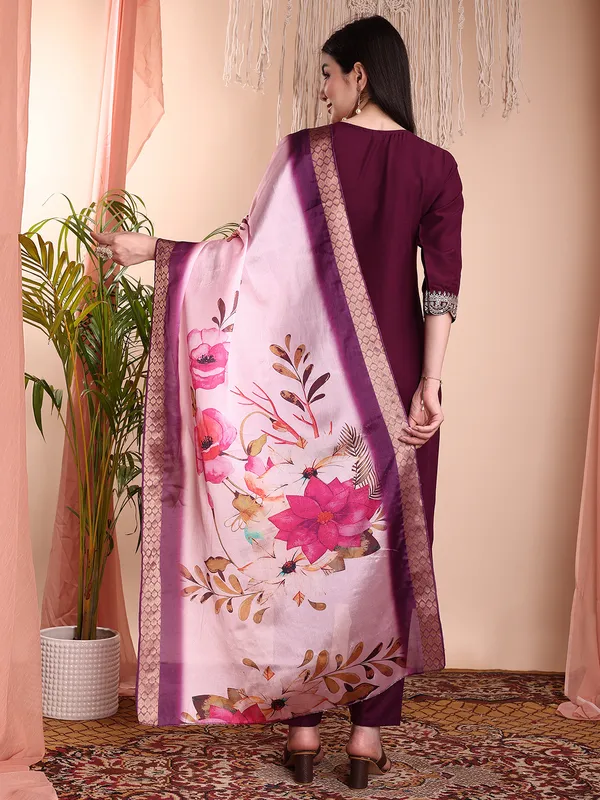 WINE_Art_Silk_Embroidered_Kurti__Pant_Dupatta_Set_For_Women