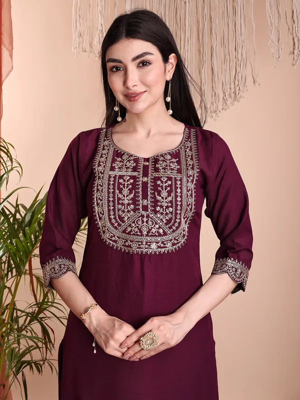 WINE_Art_Silk_Embroidered_Kurti__Pant_Dupatta_Set_For_Women