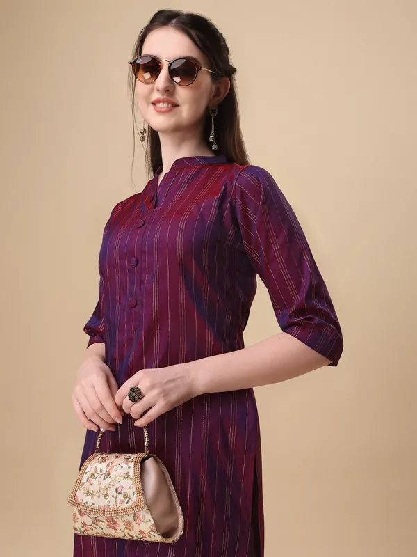 WINE_Elegant_Pinstripe_Kurta_Set_with_Straight_Pants